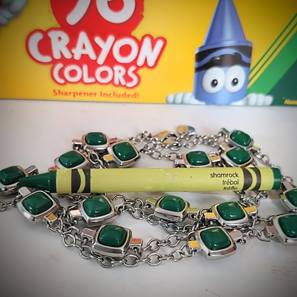 Talbot Long Necklace Silver Tone And Shamrock Green Square Faux Stones - Picture 6 of 12